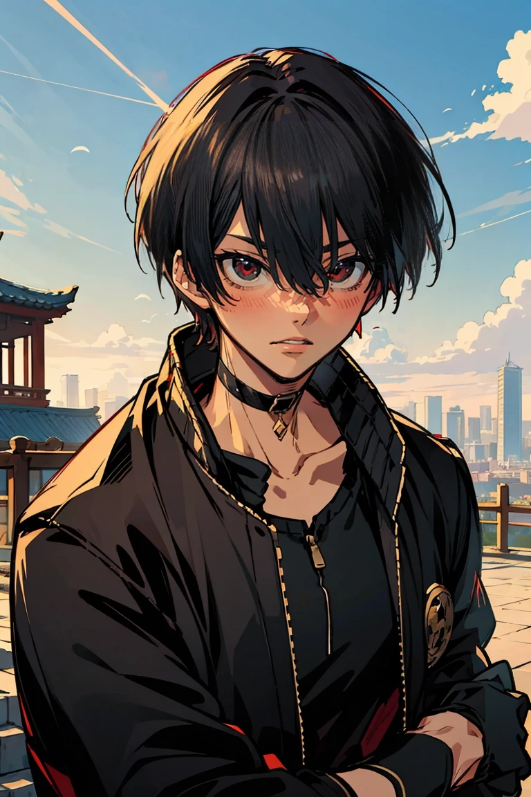 rekkyou sensen,rekkyo sensen, hasuichi nishizono, short hair, black hair, red eyes, boy, male, anime,1boy, bangs, hair between eyes, jacket, looking at viewer, male focus, solo, zipper, black clothes, black gloves, upper body, silver choker, blue sky, sunshine, shanghai, china, temple