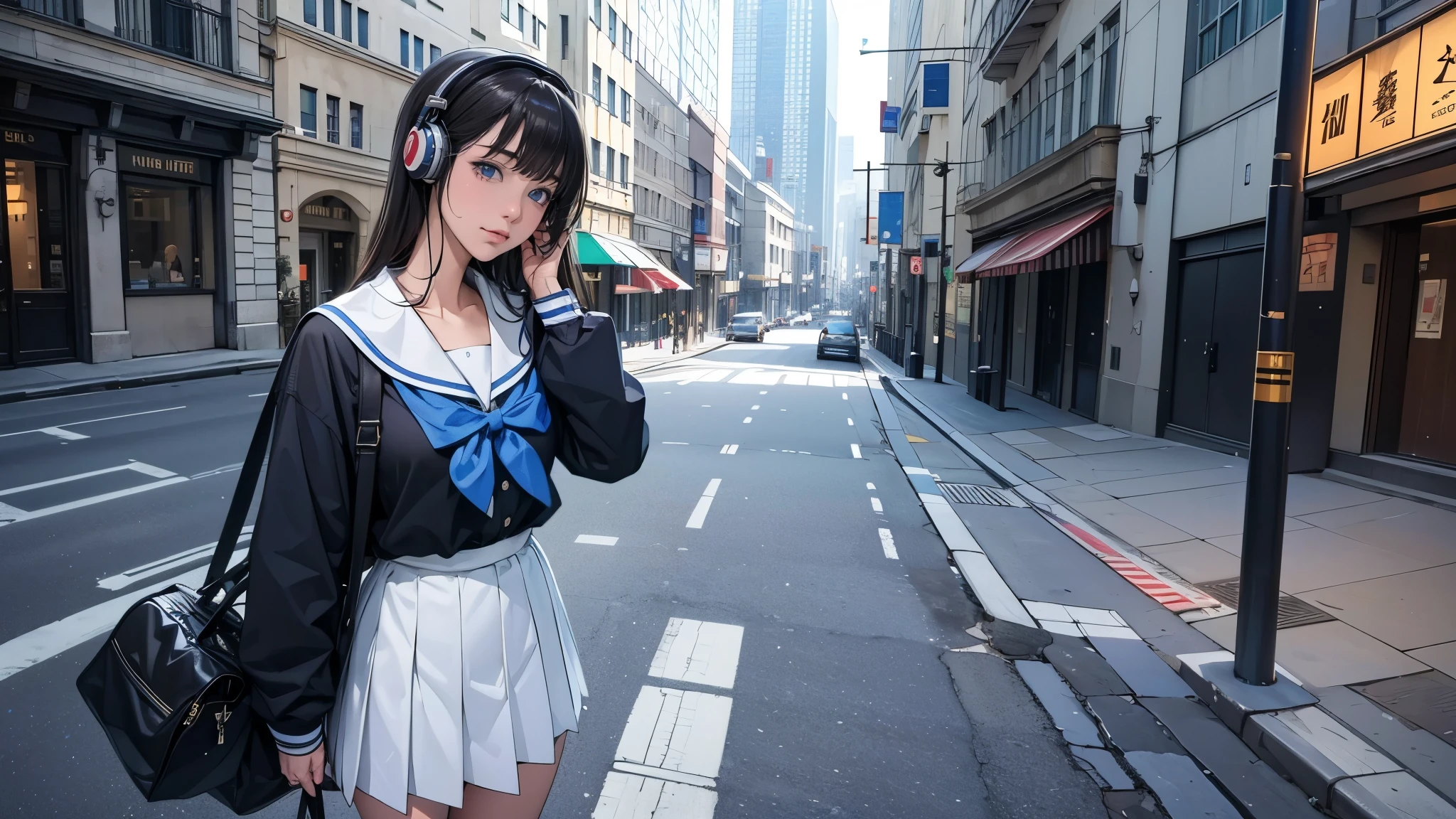 Ultra HD、super high quality、masterpiece、detailed、8K、The location is on a quiet city street、Schoolgirl1Person listening to music on headphones、15-year-old high school girl、そのロシア人で髪の毛は黒色のロング、Has blue eyes、Has a glamorous figure、The clothes she's wearing are one-piece dresses.、Pretty sexy、Lo-Fi images,The background is blurred、Nostalgic and relaxing atmosphere、At dusk、Afternoon sun、Holding an umbrella、Rainy season、downpour、A business district lined with glittering neon buildings