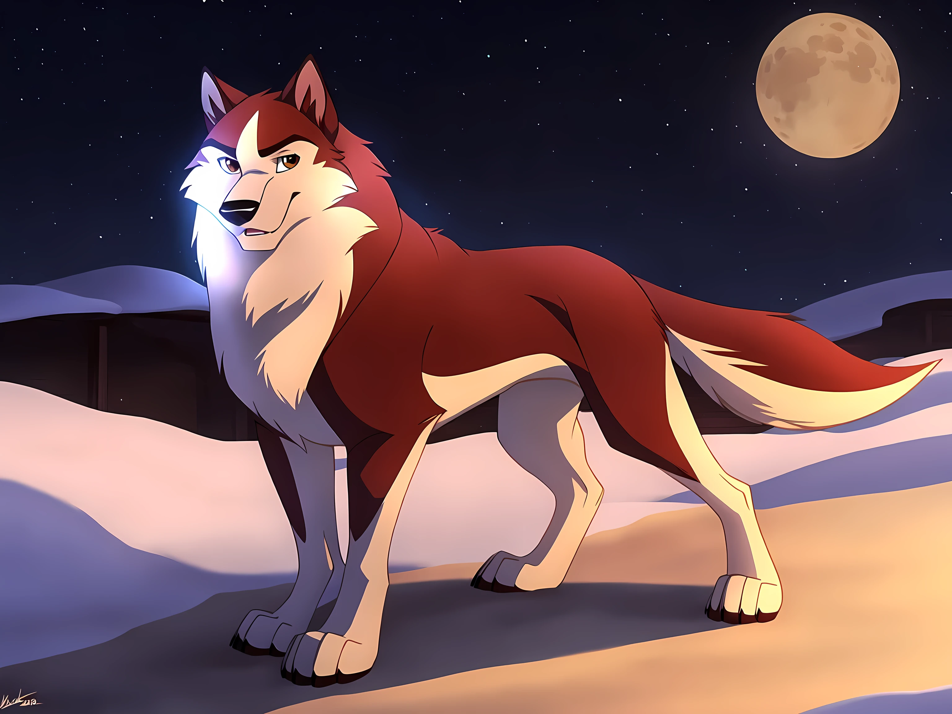 kodi, kodiak (balto), solo, red fur, full body:1.1, feral, detailed, quadruped, wfa anatomy, black lineart, black outline, male, masculine, muscular, pectorals, adult, wolf, wolf body, wolf tail, brown eyes, cartoon shading, cel shaded:1.0, strong body, confident, proud, paws, night, winter, outside