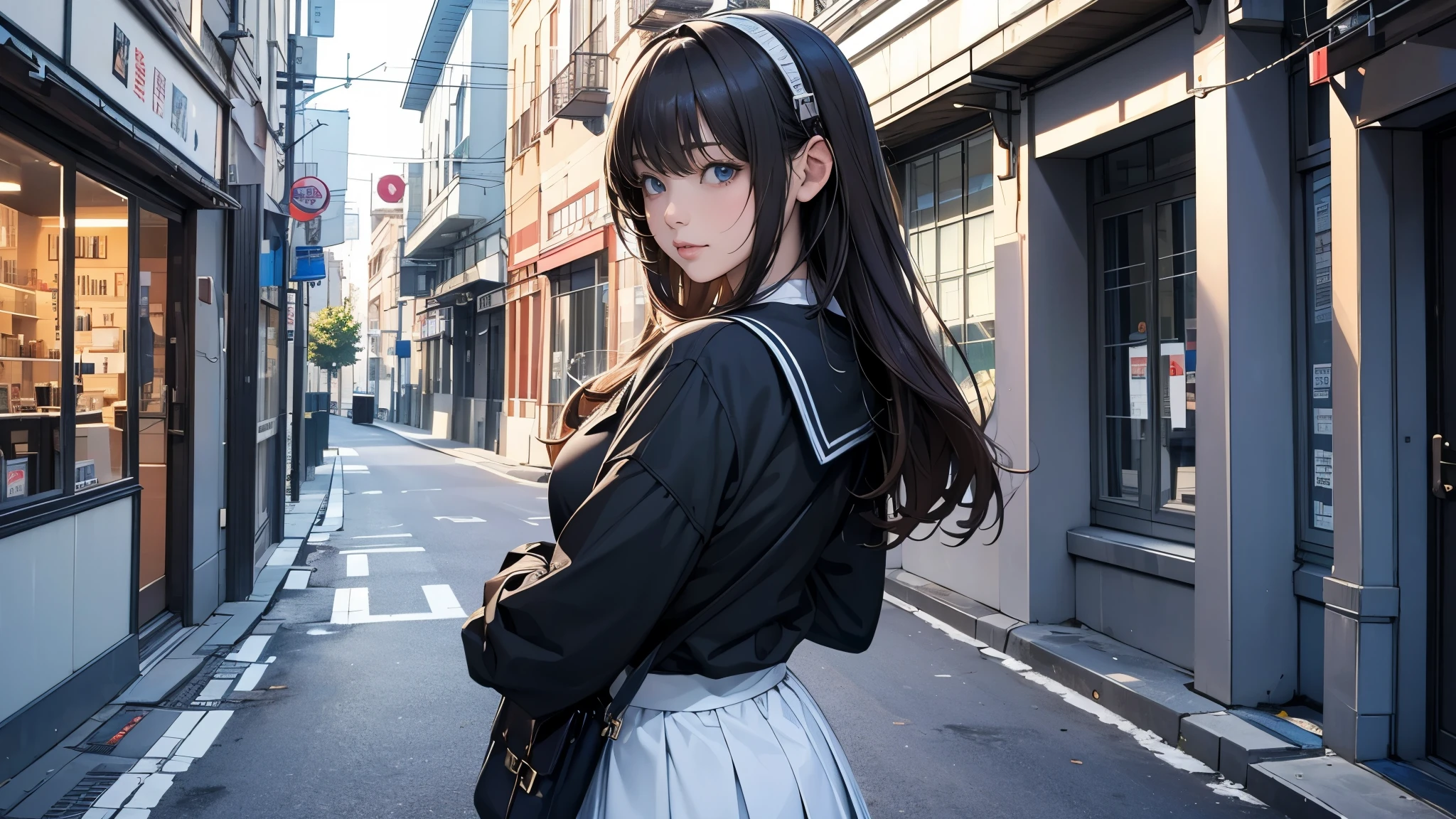 Ultra HD、super high quality、masterpiece、detailed、8K、The location is on a quiet city street、Schoolgirl1Person listening to music on headphones、15-year-old high school girl、そのロシア人で髪の毛は黒色のロング、Has blue eyes、Has a glamorous figure、The clothes she's wearing are one-piece dresses.、Pretty sexy、Lo-Fi images,The background is blurred、Nostalgic and relaxing atmosphere、At dusk、Afternoon sun、Holding an umbrella、Rainy season、downpour、A business district lined with glittering neon buildings