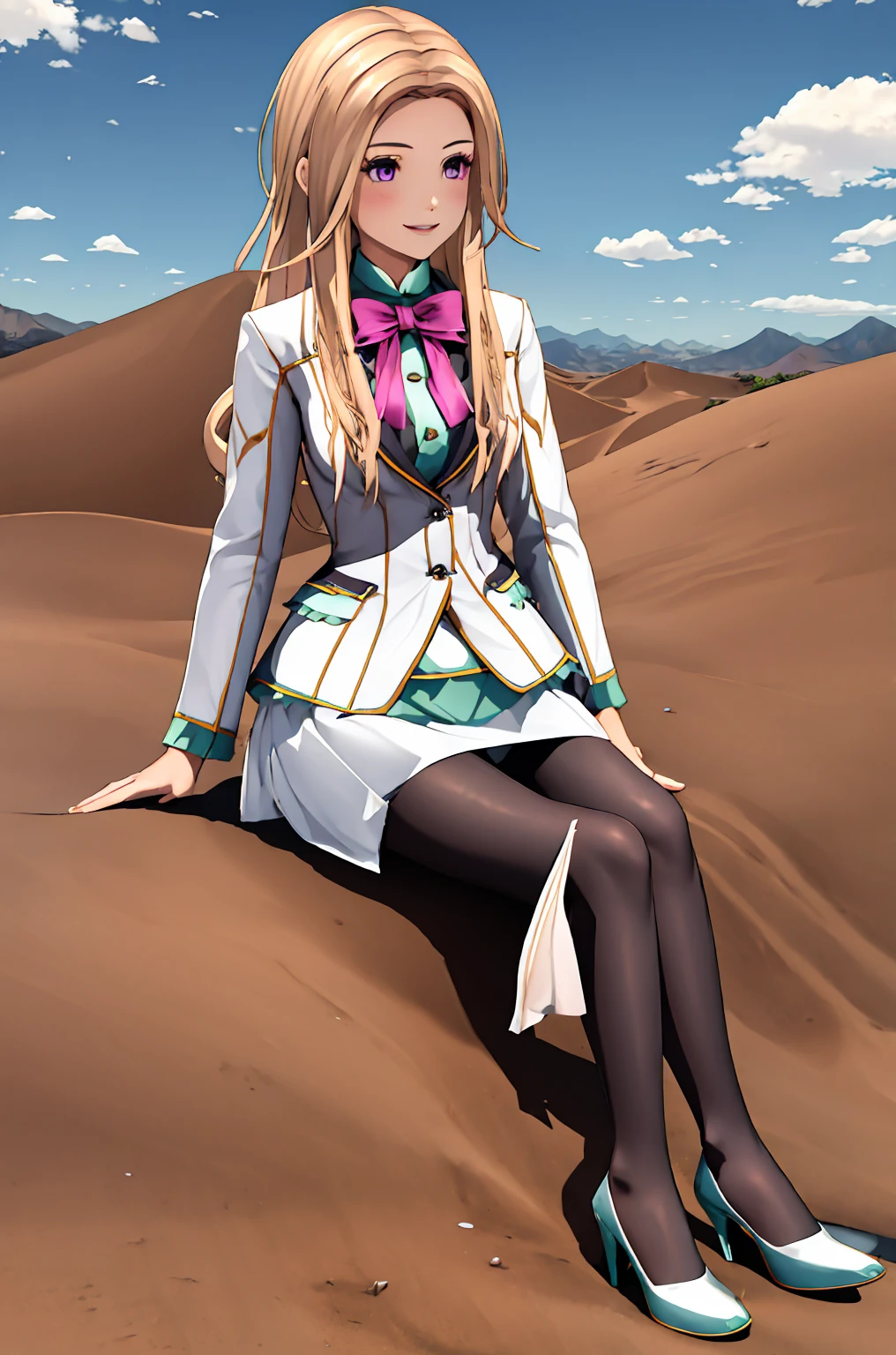 Highest quality, (Tabletop:1.2), figure, Absurd,   
(One Girl), (alone), (Beautiful detailed girl), whole body, 
Blonde, Long Hair, Swept-apart bangs, amount, Purple eyes, Medium chest,
White suit, Green undershirt, Green ruffles, (White mini skirt:1.5), Pink Ribbon, black_pantyhose, High heels, (((Sit on the ground、LotusPosition))), ((Skirt rip, Showing panties)), ((Panties under pantyhose)),
View your viewers, smile,
desert, sun, Sky Porn,