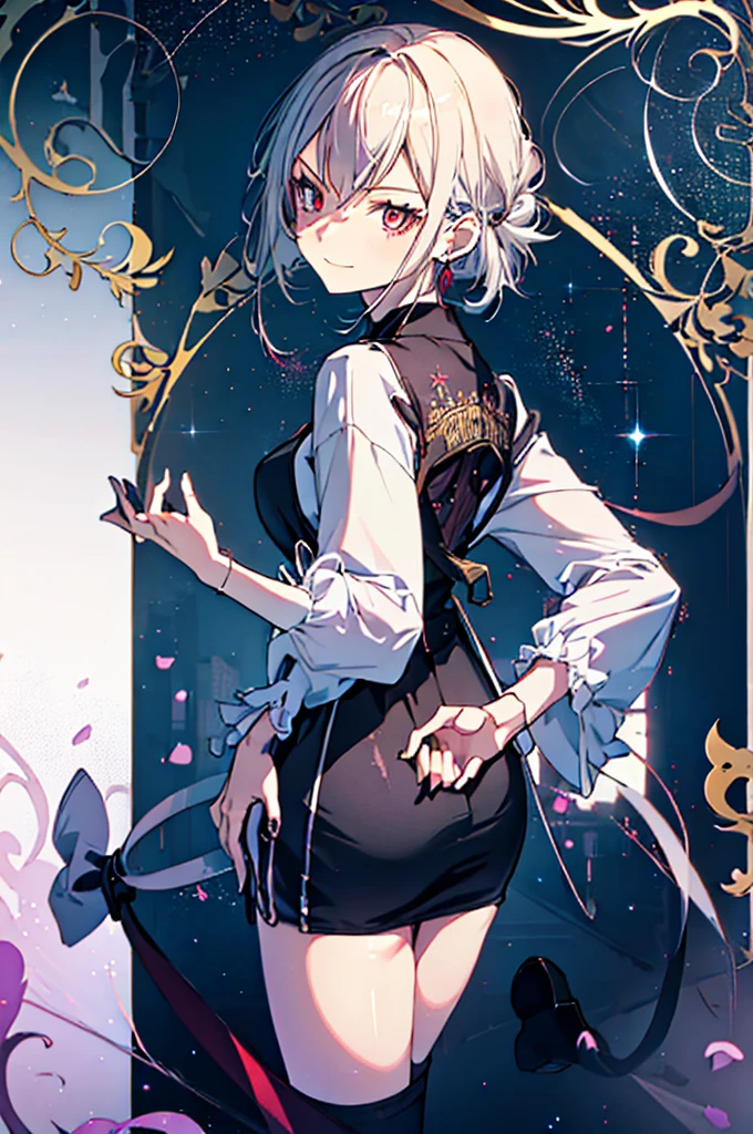 (masutepiece, Absurd quality, Best Quality, Official art, Beautiful and aesthetic:1.2), (1 :1.4), ighly detailed, (Fractal Art:1.3), Colorful, highest details, Vivid Color, front view, holy knight, albino, baby-face, k ligFluffy white ruffled dress, White lace up short boots, white long hair, Beautiful detailed red eyes, glare at viewer,Full body,((whole body)),((white hair)),evil smile,