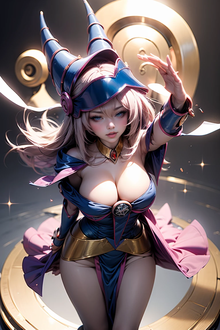 (Masterpiece:1.2), (The best quality:1.2), perfect lighting, Dark Magician Girl casting a spell, floating in the air, , neckline, magic background. Transparent hearts in the air, blue robe, big hat, From above, sparkles, Yugioh Card in the background