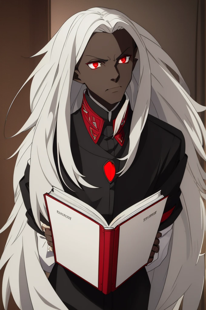 ((best qualityer)) 1 boy, ((darkskin)), ((Red eyes)), long white hair, wolf's ears, black uniform, ((Holding a book)),((serious expression))