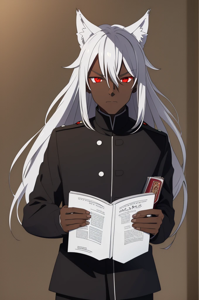 ((best qualityer)) 1 boy, ((darkskin)), ((Red eyes)), long white hair, wolf's ears, black uniform, ((Holding a book)),((serious expression))