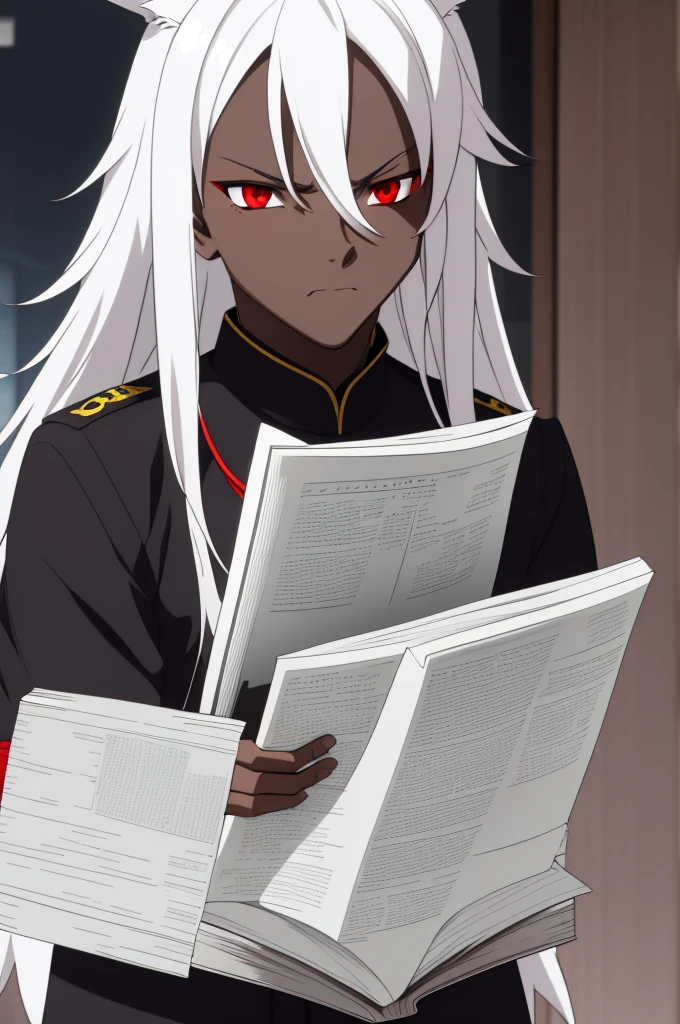 ((best qualityer)) 1 boy, ((darkskin)), ((Red eyes)), long white hair, wolf's ears, black uniform, ((Holding a book)),((serious expression))