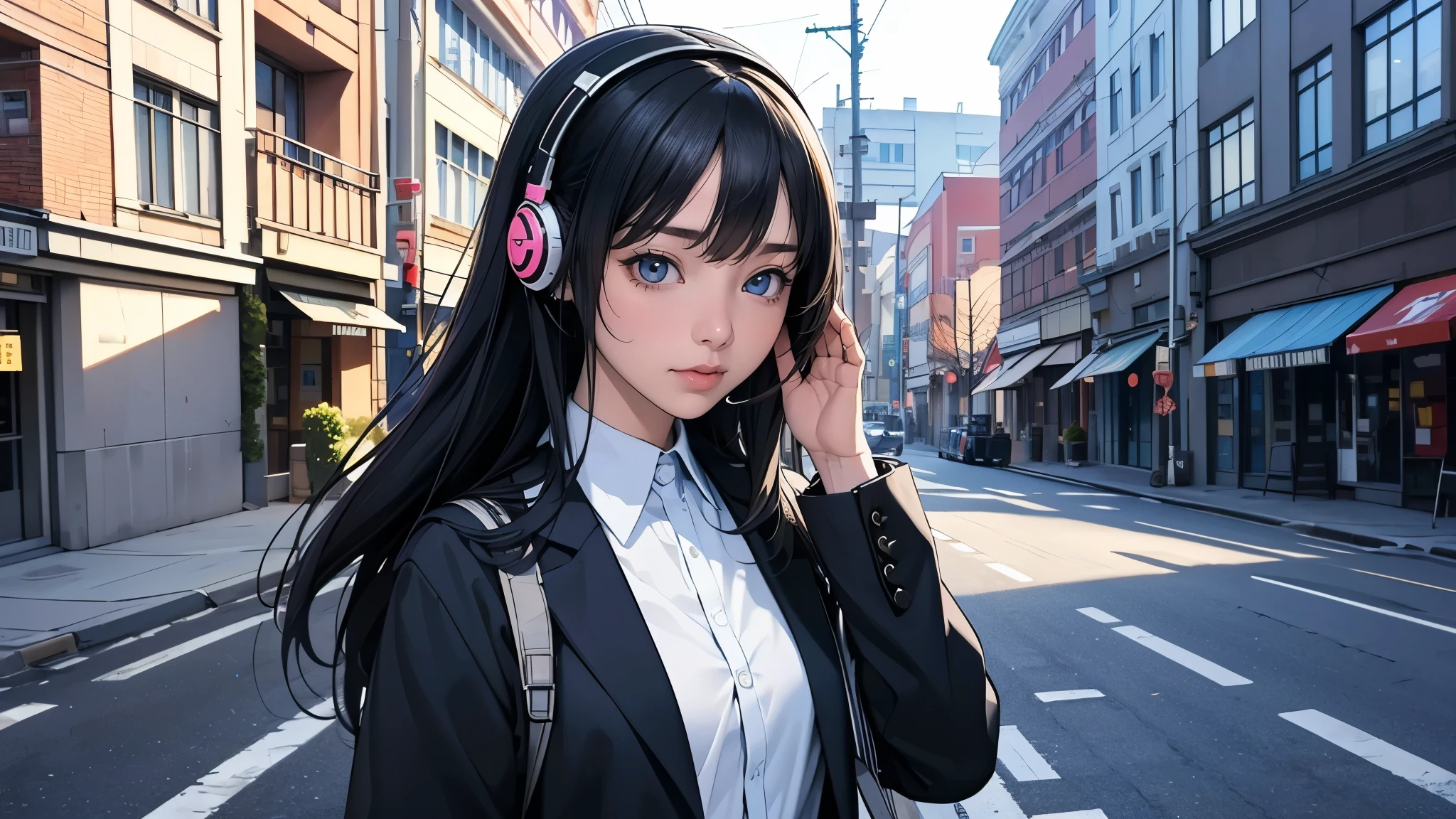 ultra HD、super high quality、masterpiece、detailed、8K、The location is on a quiet city street、Schoolgirl１Person listening to music on headphones、-yeld juussian has long black hair.、Has blue eyes、Has a glamorous figure、The clothes she&#39;s wearing are one-piece dresses.、Pretty sexy、Nostalgic and relaxing atmosphere、Midnight、Holding an umbrella、Rainy season、downpour、A business district lined with glittering neon buildings,evening、He has his hands on his headphones and his eyes closed、Retrospective color tone、A street with a retro atmosphere、evening、Short sleeve or long sleeve?ＡＩDecide、The uniform designＡＩDecide