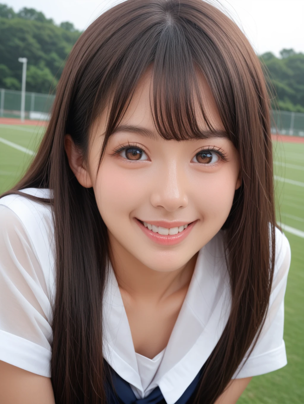 score_9, score_8_up, score_7_up, score_6_up, score_5_up, score_4_up, rating_explicit, ((masterpiece), (high resolution 8K)), professional photo of a Japanese girl, late teenage, hyper cute face, big eyes, brown eyes, long eyelashes, small nose, full lips, jumping, thigh focus, from front, , serafuku, long hair, brown hair, smile, looking at viewer, high school athletic field, daytime, stunning face,  symmetrical clear eyes, detailed eyes and face, detailed body, shiny skin, detailed skin