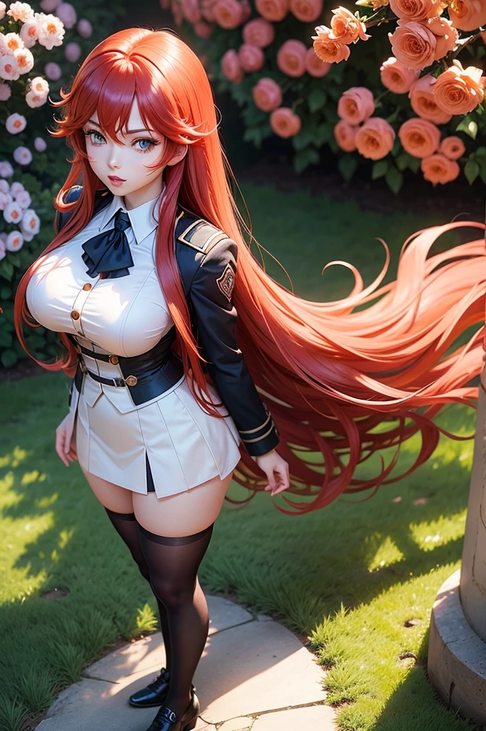 (Rias Gremory:1.1),beautiful detailed eyes,(schoolar uniform) Com detalhes meticulosos,red hair falling down the back,long eyelashes,Fierce and confident expression,standing in a garden full of vibrant flowers,soft sunlight illuminating your figure,immaculate complexion,funny posture,clear blue sky in the background,artistic portrait,High Resolution and Realistic Rendering,Vivid colors and sharp focus,anime style portrait