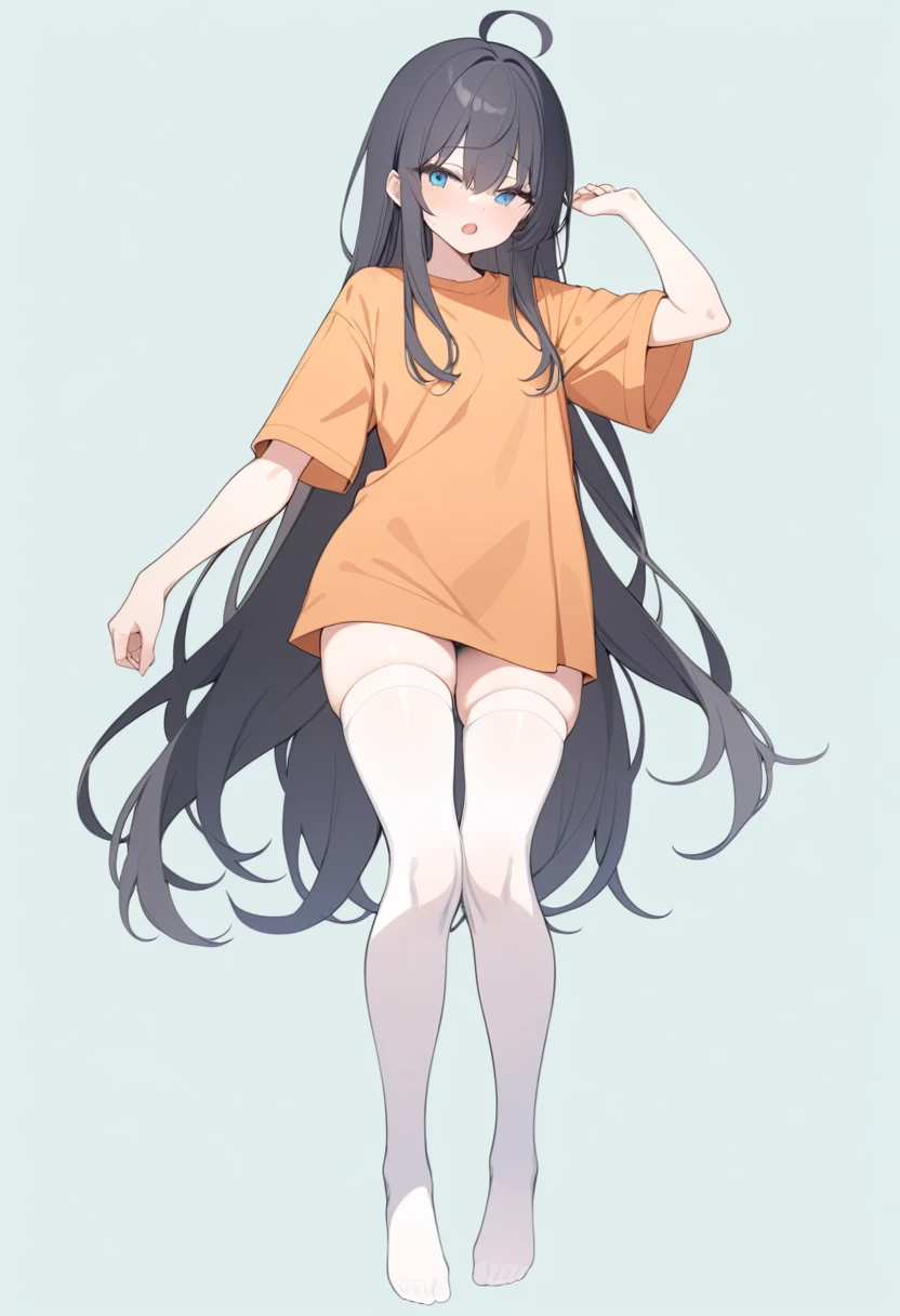 masterpiece, best quality,
1girl, solo, full body, oversized orange tshirt, white stocking , open mouth, simple background, cyan background, blue eyes, black hair, long hair, looking at viewer, ahoge