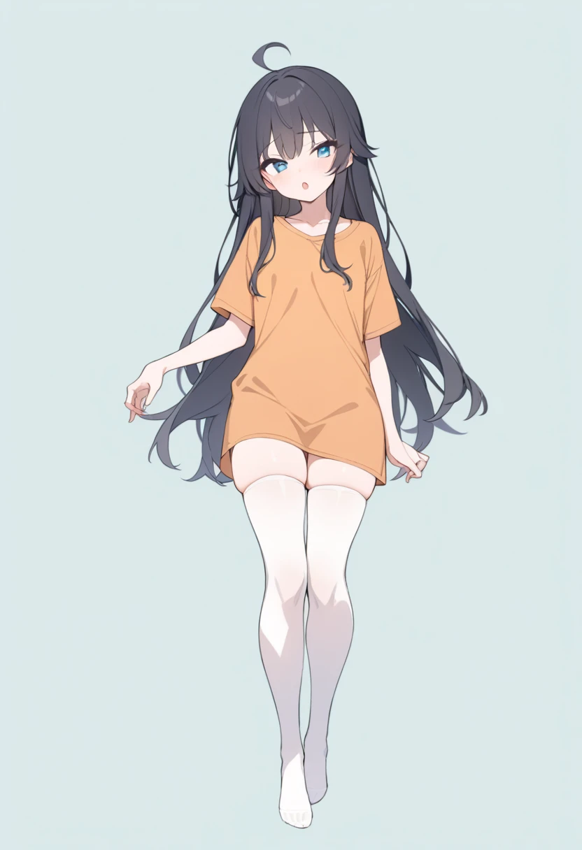 masterpiece, best quality,
1girl, solo, full body, oversized orange tshirt, white stocking , open mouth, simple background, cyan background, blue eyes, black hair, long hair, looking at viewer, ahoge