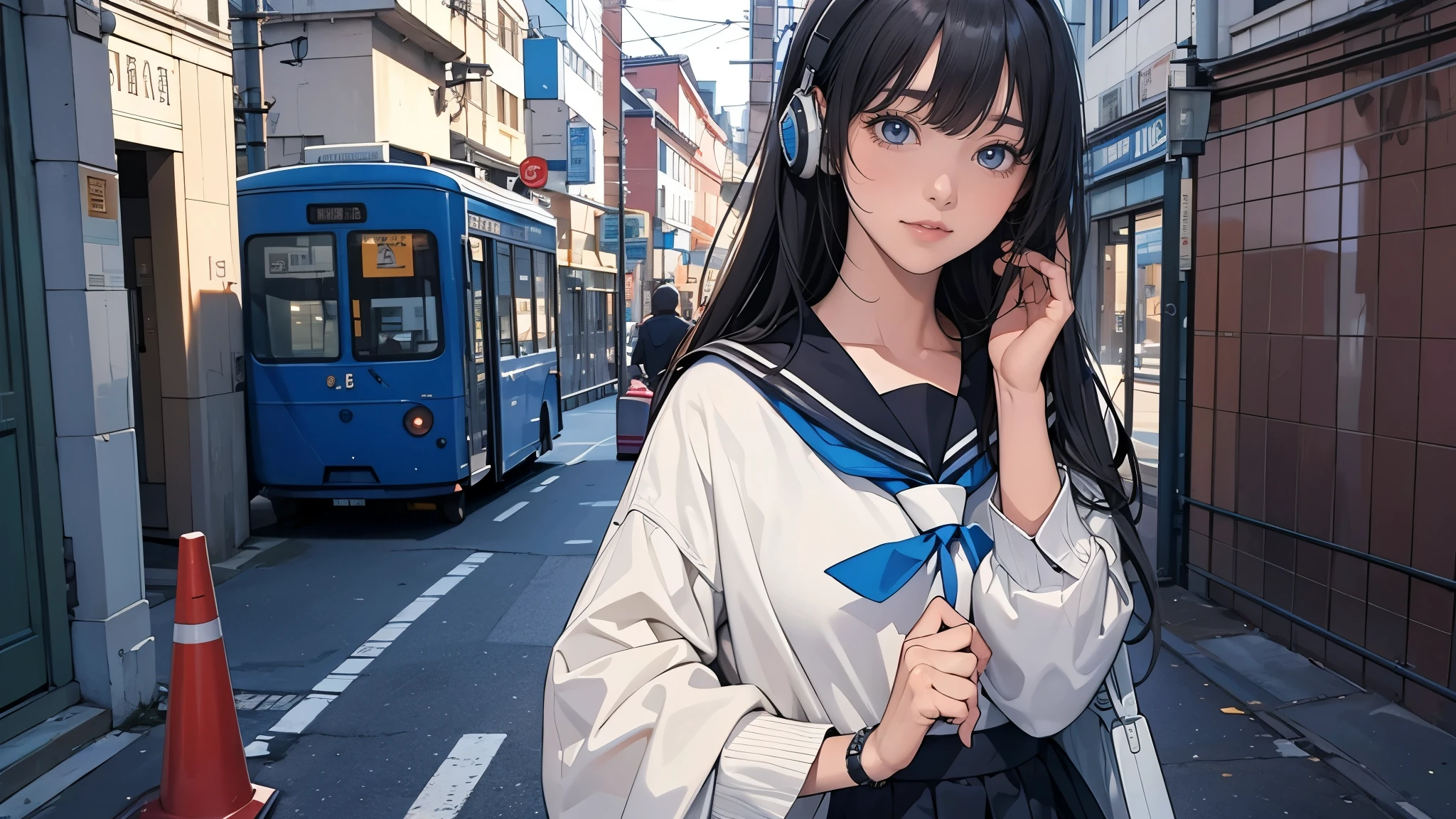 Ultra HD、super high quality、masterpiece、detailed、8K、The location is on a quiet city street、Schoolgirl1Person listening to music on headphones、15-year-old high school girl、そのロシア人で髪の毛は黒色のロング、Has blue eyes、Has a glamorous figure、The clothes she's wearing are one-piece dresses.、Pretty sexy、Lo-Fi images,The background is blurred、Nostalgic and relaxing atmosphere、At dusk、Afternoon sun、Holding an umbrella、Rainy season、downpour、A business district lined with glittering neon buildings、1woman、Anatomically correct