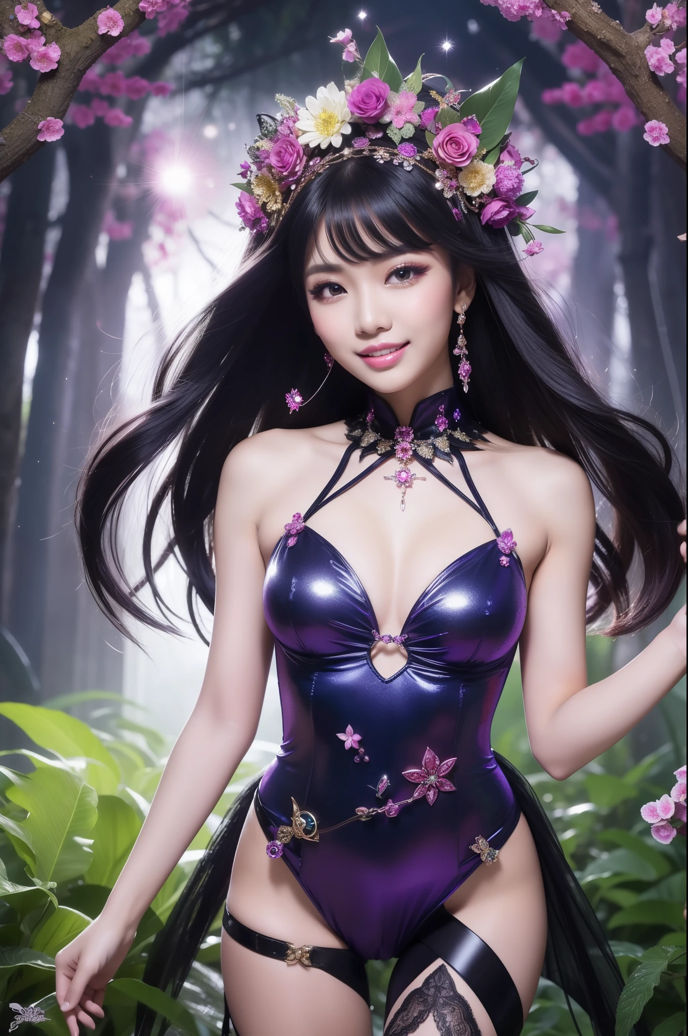 sexy Indonesian model who controls poison、beautiful smile、lipgloss、long lashes、intense makeup、look at the camera、full body Esbian、、sparkling poisoned flower costume、、、、shiny sparkling multicolor hair、secrete poison、skull hair accessories、sexy tights、shiny sparkling dark magic forest background