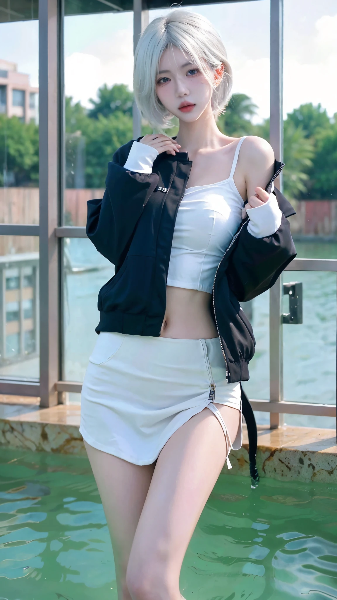 Beautiful woman with perfect figure:1.4，Ultra-high resolution，White legs，Put your hands behind your back，Swimming background，Big breasts：1.6，（Realism:1.4)，perspective，Layered hairstyle，Snow white skin，JK:1.5，Super short pleated skirt，whole body：1.4，Very delicate and skin texture，Double eyelids，Skin Whitening，Long hair，White hair
