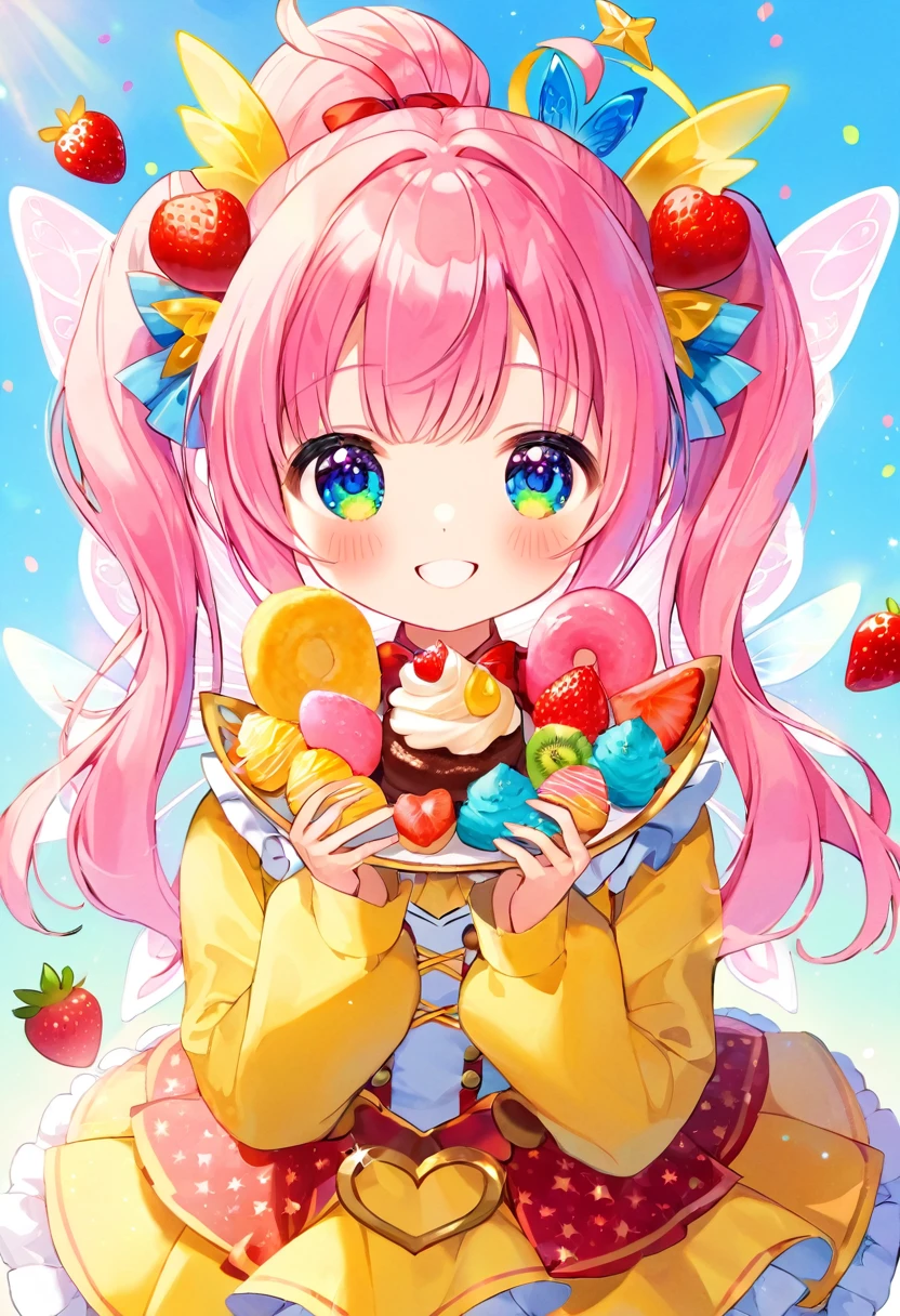 Highest quality、High resolution、Detailed Background、Beautiful face in every detail、Detailed eyes、age Girl、Highly detailed face、cuteカラーの髪色、ponytail、Twin tails、Fairy、A big smile、cute仕草をする、(cute2人のFairyがこちらを見ている:1.5)、Fruit and food costumes、Fruit and Candy Costumes、colorful、Strawberries or bananas、Donut Costume、cute