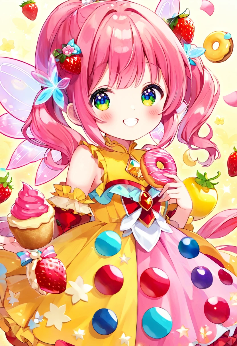 Highest quality、High resolution、Detailed Background、Beautiful face in every detail、Detailed eyes、Teenage Girl、Highly detailed face、cuteカラーの髪色、ponytail、Twin tails、Fairy、A big smile、cute仕草をする、(cute2人のFairyがこちらを見ている:1.5)、Fruit and food costumes、Fruit and Candy Costumes、colorful、Strawberries or bananas、Donut Costume、cute