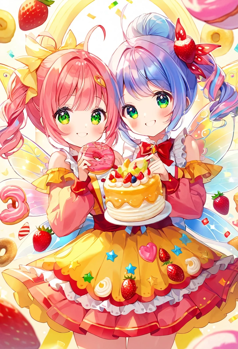 Highest quality、High resolution、Detailed Background、Beautiful face in every detail、Detailed eyes、Teenage Girl、Highly detailed face、cuteカラーの髪色、ponytail、Twin tails、Fairy、A big smile、cute仕草をする、(cute2人のFairyがこちらを見ている:1.5)、Fruit and food costumes、Fruit and Candy Costumes、colorful、Strawberries or bananas、Donut Costume、cute