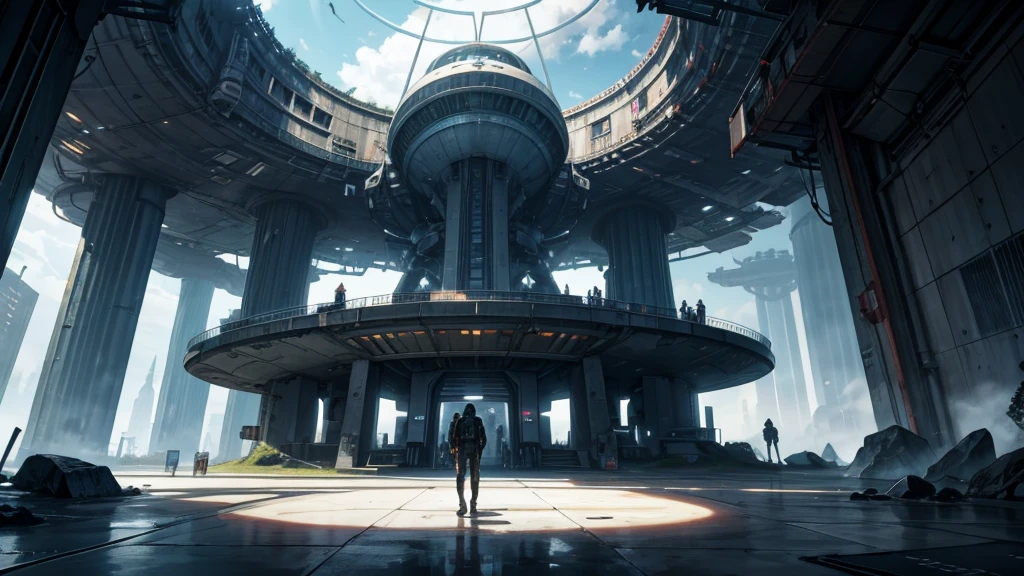 create a scenario of the entrance to an abandoned futuristic spaceship base. as if it were an airport for ships. futuristic scenario of this organization&#39;s square. It must be an RPG setting. viewed from the top, but not too far away
