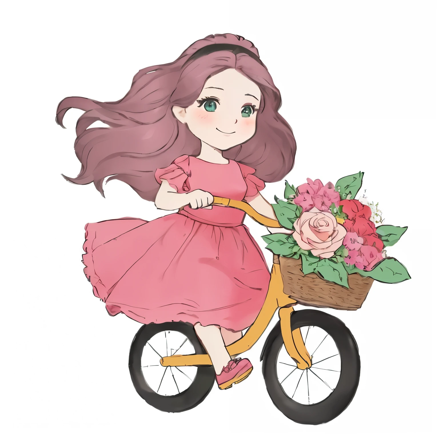 cartoon girl riding a bike with a basket of flowerss, bike,  Pink, Beautiful girl, fluffy woman, andar de bike, cycling!!, with flowerss, anda de bike, carrying flowerss, happy girl, flowers , 🚿🗝📝, caricature, Youngh, dressed in a pink dress, Beautiful girls, Bela , dressed in a flowers dress