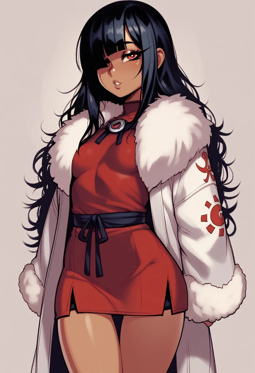 score_9, score_8_up, score_7_up, score_6_up, score_5_up, score_4_up, BREAK 1girl, black hair, tanned, loose hair, swept bangs, red eyes, long eyelashes, seductive expression, blunt bangs, short, BREAK solo, small breasts, skinny, arched back, thigh gap, shrine maiden, fur coat, innocent, lovely, adorable, long hair, hair covering one eye, dark mage, fully clothed