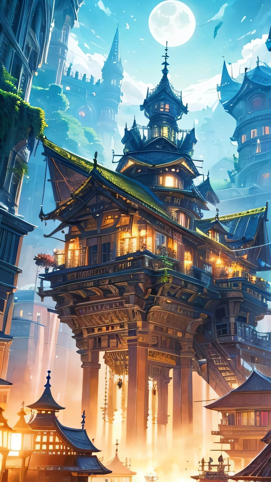 A fantastic floating city、Many islands are floating in the air、The World of Ghibli、Colorful flowers々Covered in、There is no one、masterpiece、so beautiful、Fantastic big full moon in the background、A small airship is flying around。, balloon, City, Fantasy, A magical plant grows, Extreme Detail, Realistic Light, A magnificent composition, (Intricate details), (Intricate Design, Super detailed :1.2), Art Station, (masterpiece, Highest quality), ultra HD, 32K --v 6