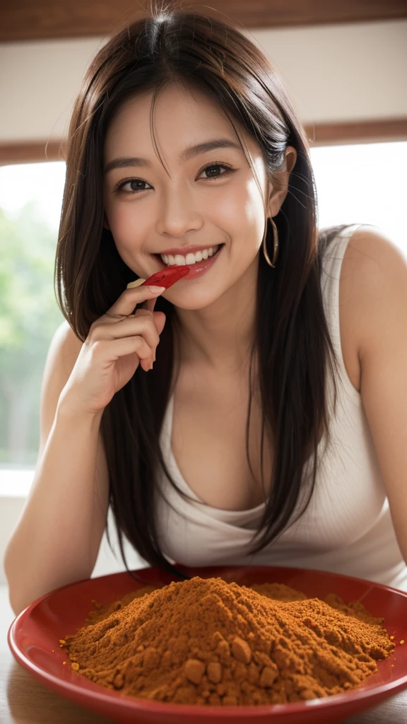 Chili pepper、spices、woman、smile、eating、spicesは画像の真ん中