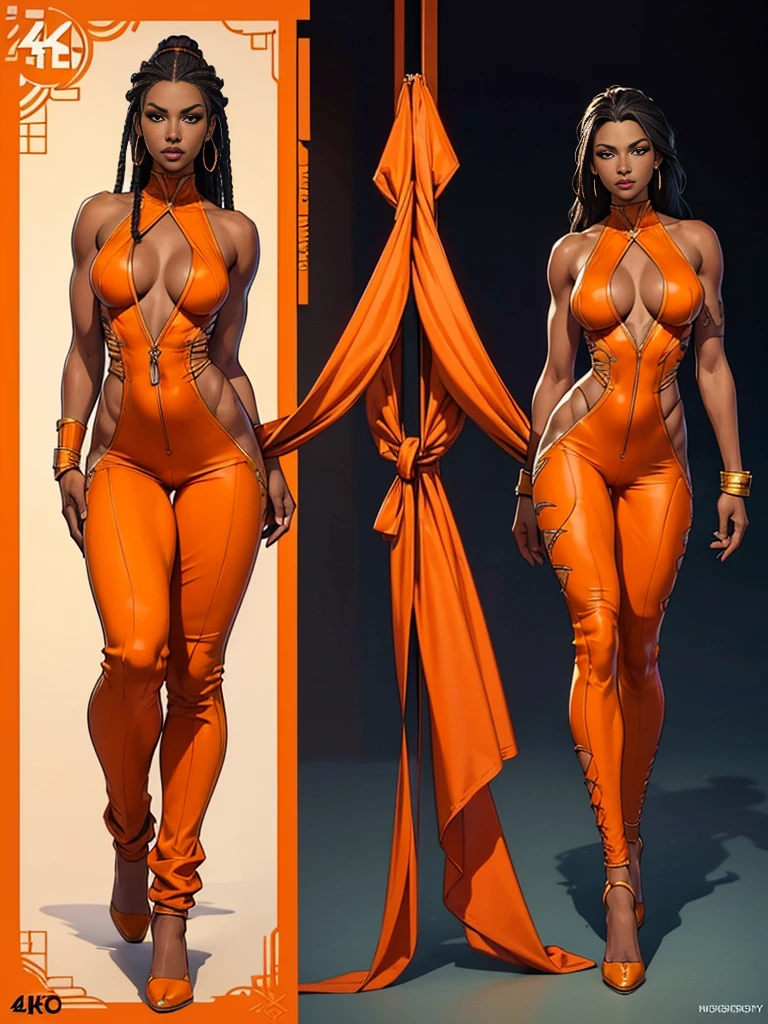 ((best quality)), ((4k)), ((highres)), ((masterpiece:1.2)). ((detailed)), ((ultra realistic)), ((intricate details)), ((full body picture)), ((character design sheet)), a full body picture of a beautifull Ebony skinned female, black woman, dark skin, ebony princess, ebony model, perfect face, detailed eyes, detailed lips, about 25 years old, about 5'7 ft. tall, long thin dreadlocks down to her hips, ((emphasis on her long thin dreadlocks down to her hips)), pretty, feminine woman, toned body but not too muscular looking, dressed in a skin-tight sleeveless full body orange jumpsuit, ((emphasis on the skin-tight sleeveless full body orange jumpsuit)), showing cleavage, glamorous, strappy lace up high, fighting game character concept art, tekken character design, the king of fighters character concept, full bofy, full body concept art, full body art
