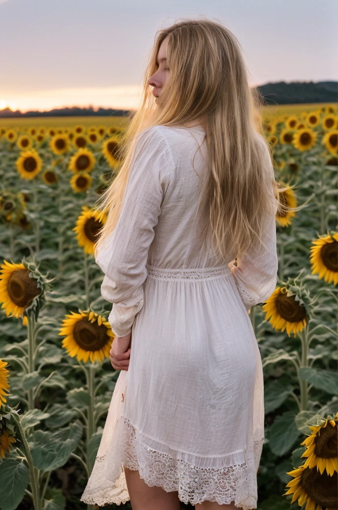 A 18-year-old blonde woman, ((hiperrealismo))textured skin, goosebumps, perfect eyes. Blonde hair with light brown roots. cabello rubio, Hair with brown roots, extra long hair, really long hair. photo taken with iPhone, Porta 160 color. Provocative pose. Skinny  girl. Sunflowers field background, but sunflowers. Wearing pretty white nightgown, wearing white nightgown, long sleeves. Back view of the body and head, as she watches the pink sunset. BACK VIEW. Holding dress up (showing butt)