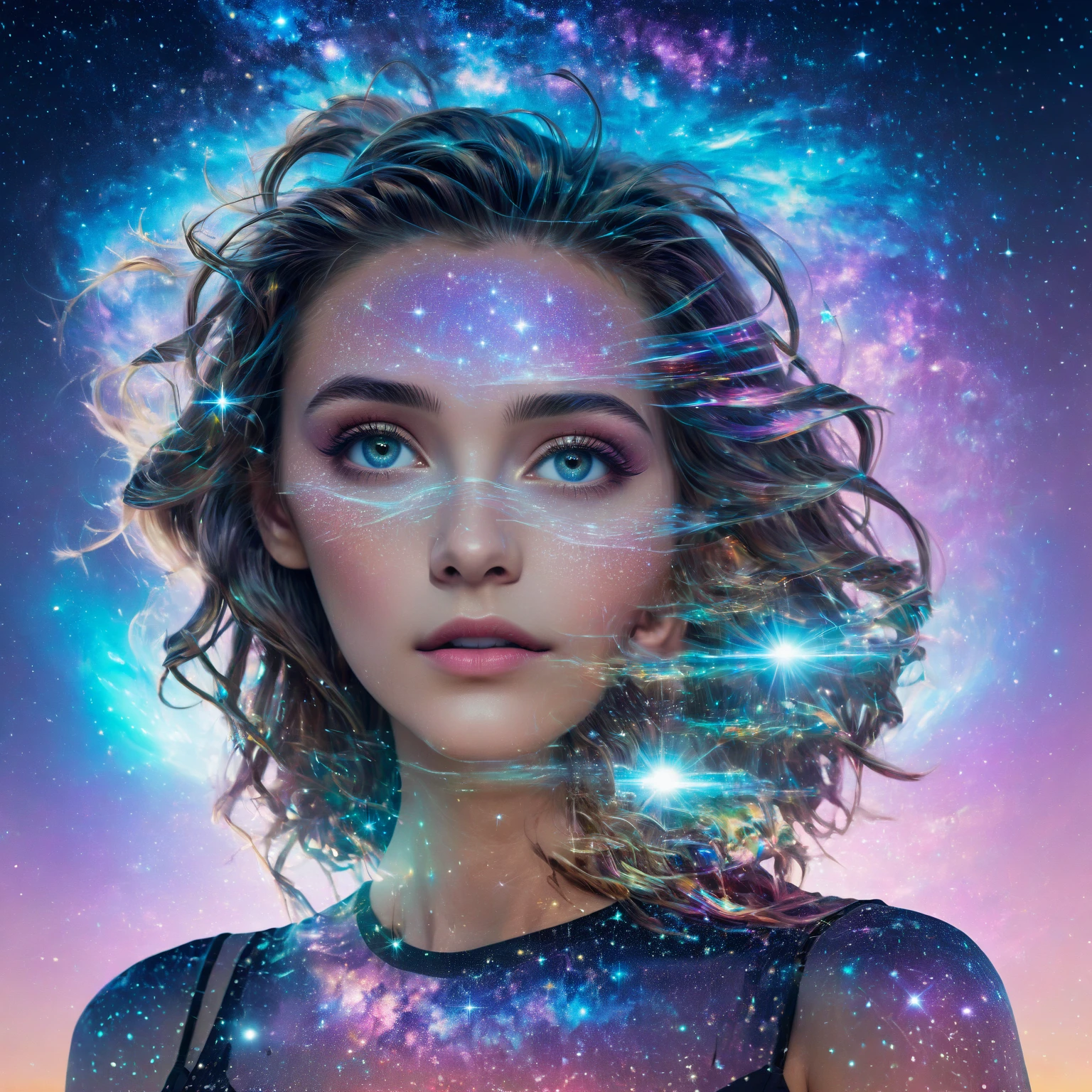 (multiple exposure:1.8),Dubrec style,Girl virtual holographic digital avatar,Futuristic magnificent starry sky image foreground,psychedelic starry sky,In space,Complex illustrations in surrealist art style,Surreal dreams,Become an invisible virtual hologram,Transparent person avatar,Virtual holographic digital image,Surreal art, 4K surrealism, Surreal portrait, Beautiful surreal portrait, hyperrealistic digital art, surreal and fantasy art, hyperrealistic digital art, surrealist portrait, Surreal art, Emotional Surreal Art, fantasy surrealism, 8k surrealism, Surreal conceptual art