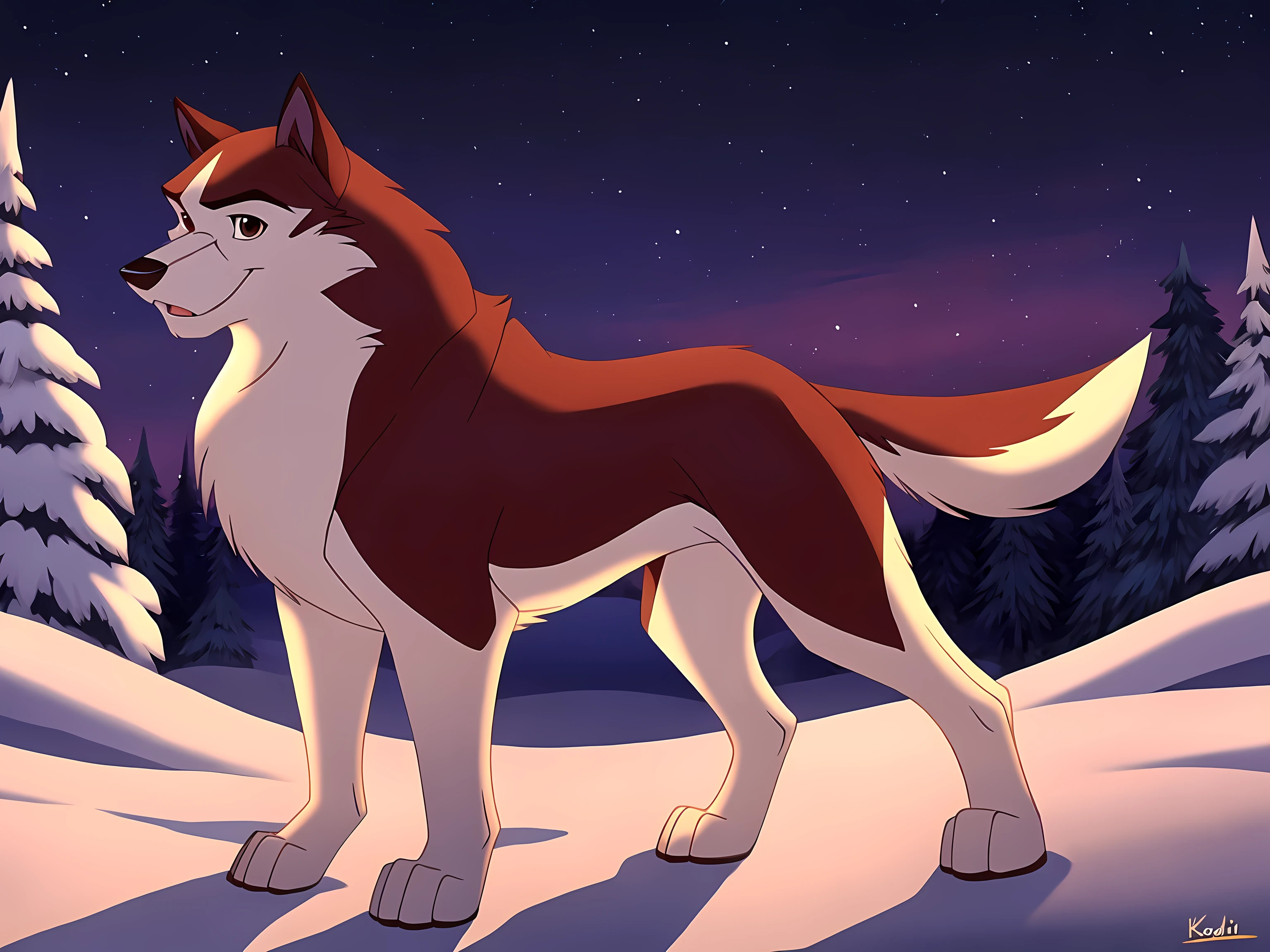 kodi, kodiak (balto), solo, red fur, full body:1.1, feral, detailed, quadruped, wfa anatomy, black lineart, black outline, male, masculine, muscular, pectorals, adult, wolf, wolf body, wolf tail, brown eyes, cartoon shading, cel shaded:1.0, strong body, confident, proud, paws, night, winter, outside, brown eyes, detailed eyes