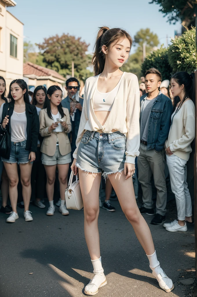 (((best quality))),(((ultra detailed))),(((masterpiece))),illustration,((1 beautiful girl,solo)),((slim,thin)),((small breasts,flat chest)), outside school gate, summer twilight, sunlight,(short ponytail:1.3),(claviclies,cleavage),((white long-sleeved shirt)),((denim shorts,slender legs)),(plain white socks, comfortable flip-flops), animated face, excited eyes, sounds of laughter, chatter, excitement of summer vacation, air filled with energy, school gate golden glow, symbol of end of academic year, schoolyard transformed, reunion, farewells, embracing setting sun, face illuminated, moment captured, fleeting instant, essence of summer, carefree spirit, youthful exuberance, embodiment of season, sun dips, rosy glow, joy of living,promise of adventures,((standing,from front,full body)),(surrounded by crowded crowds:1.3)