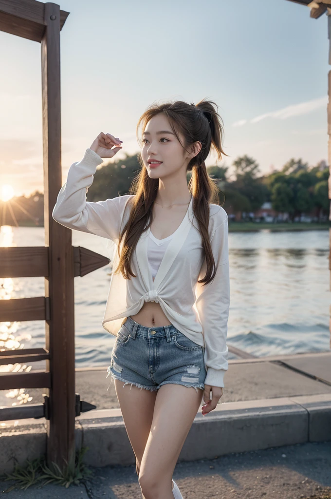 (((best quality))),(((ultra detailed))),(((masterpiece))),illustration,((1 beautiful girl,solo)),((slim,thin)),((small breasts,flat chest)), outside school gate, summer twilight, sunlight,(short ponytail:1.3),(claviclies,cleavage),((white long-sleeved shirt)),((denim shorts,slender legs)),(plain white socks, comfortable flip-flops), animated face, excited eyes, sounds of laughter, chatter, excitement of summer vacation, air filled with energy, school gate golden glow, symbol of end of academic year, schoolyard transformed, reunion, farewells, embracing setting sun, face illuminated, moment captured, fleeting instant, essence of summer, carefree spirit, youthful exuberance, embodiment of season, sun dips, rosy glow, joy of living,promise of adventures,((standing,from front,full body)),(surrounded by crowded crowds:1.3)