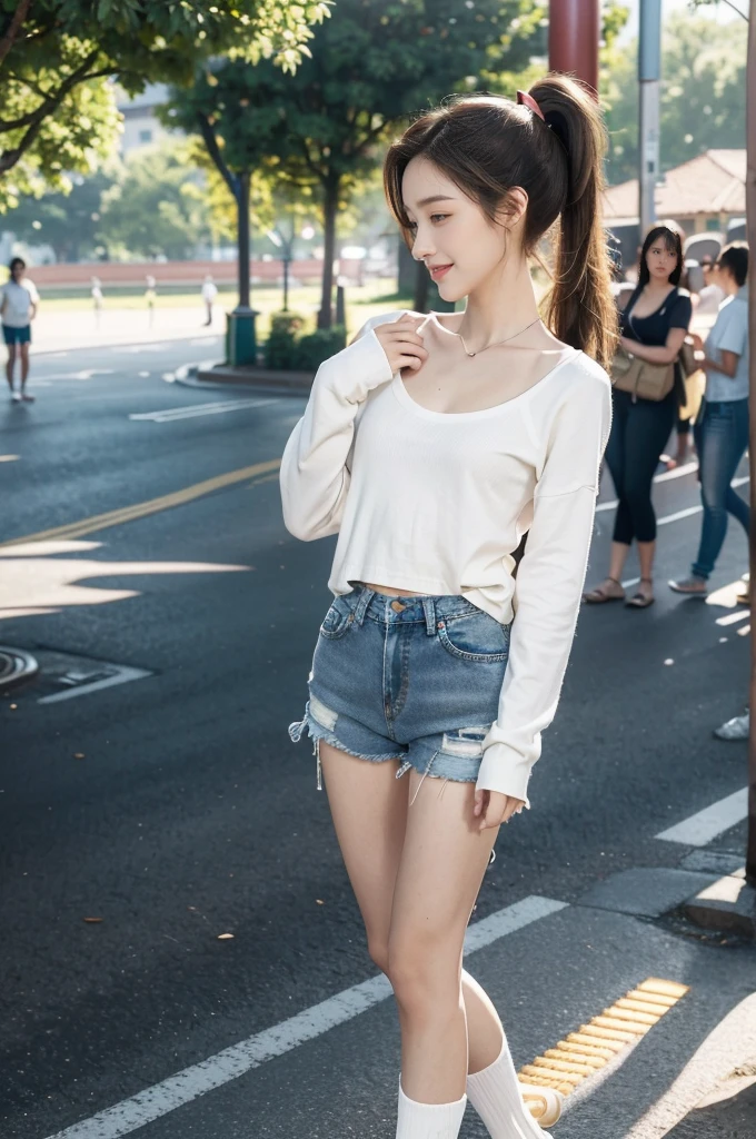 (((best quality))),(((ultra detailed))),(((masterpiece))),illustration,((1 beautiful girl,solo)),((slim,thin)),((small breasts,flat chest)), outside school gate, summer twilight, sunlight,(short ponytail:1.3),(claviclies,cleavage),((white long-sleeved shirt)),((denim shorts,slender legs)),(plain white socks, comfortable flip-flops), animated face, excited eyes, sounds of laughter, chatter, excitement of summer vacation, air filled with energy, school gate golden glow, symbol of end of academic year, schoolyard transformed, reunion, farewells, embracing setting sun, face illuminated, moment captured, fleeting instant, essence of summer, carefree spirit, youthful exuberance, embodiment of season, sun dips, rosy glow, joy of living,promise of adventures,((standing,from front,full body)),(surrounded by crowded crowds:1.3)