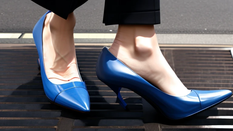 japanese business lady, she is wearing office wear and heels, she has her heel stuck in a grate, she tries to pull herself free