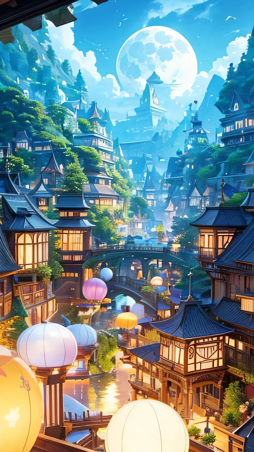 Many islands are floating in the air、Floating City、The World of Ghibli、Colorful flowers々Covered in、masterpiece、so beautiful、Fantastic big full moon in the background、A small airship is flying around。, balloon, City, Fantasy, A magical plant grows, Extreme Detail, Realistic Light, A magnificent composition, (Intricate details), (Intricate Design, Super detailed :1.2), Art Station, (masterpiece, Highest quality), ultra HD, 32K --v 6