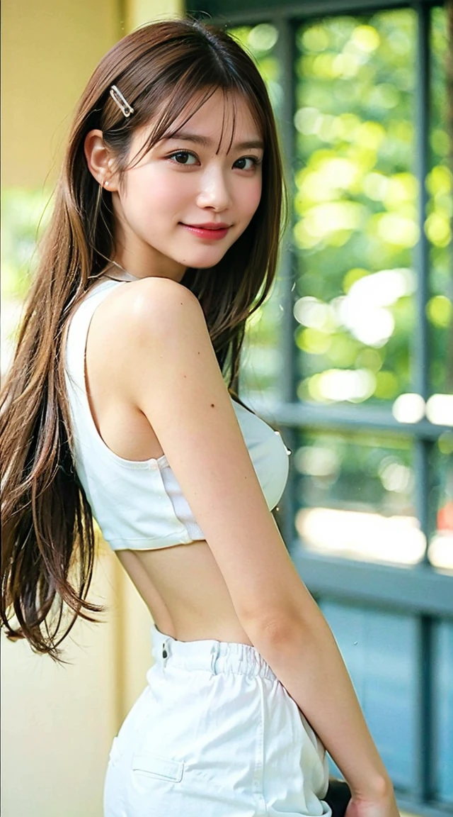 (Small Tits), (18-year-old), (very small head), dawn, sunlight, (Perfect body:1.1), (8K), (Very delicate and beautiful), (Highest quality:1.0), (Realistic), Realistic Shadows, (High resolution:1.0), Detailed skin, Very detailed, the body is slim, (Beautiful Hair, Real Hair, Thinning hair), blush, Realistic, Realistic Face, Realistic eyes, Small eyes, smile, (eyeliner), (mascara), (eye shadow), whole body、Open leg pose、Nipples、naked、Thick pubic hair、ponytail