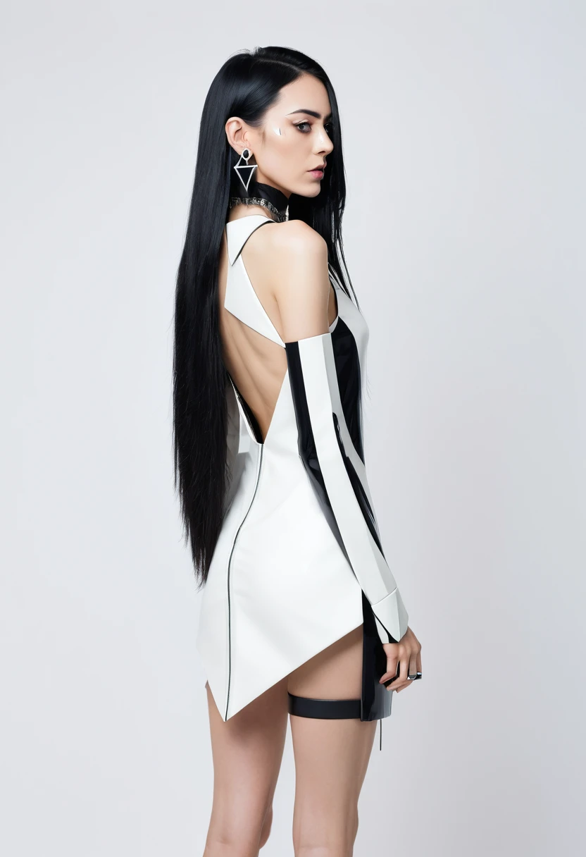 SLIM 35 years old woman, , small ass, black long hair, wearing MINIMAL WHITE cyberpunk MINIDRESS with triangular forms, in a white background, black nails, triangular necklace, triangular earrings, 