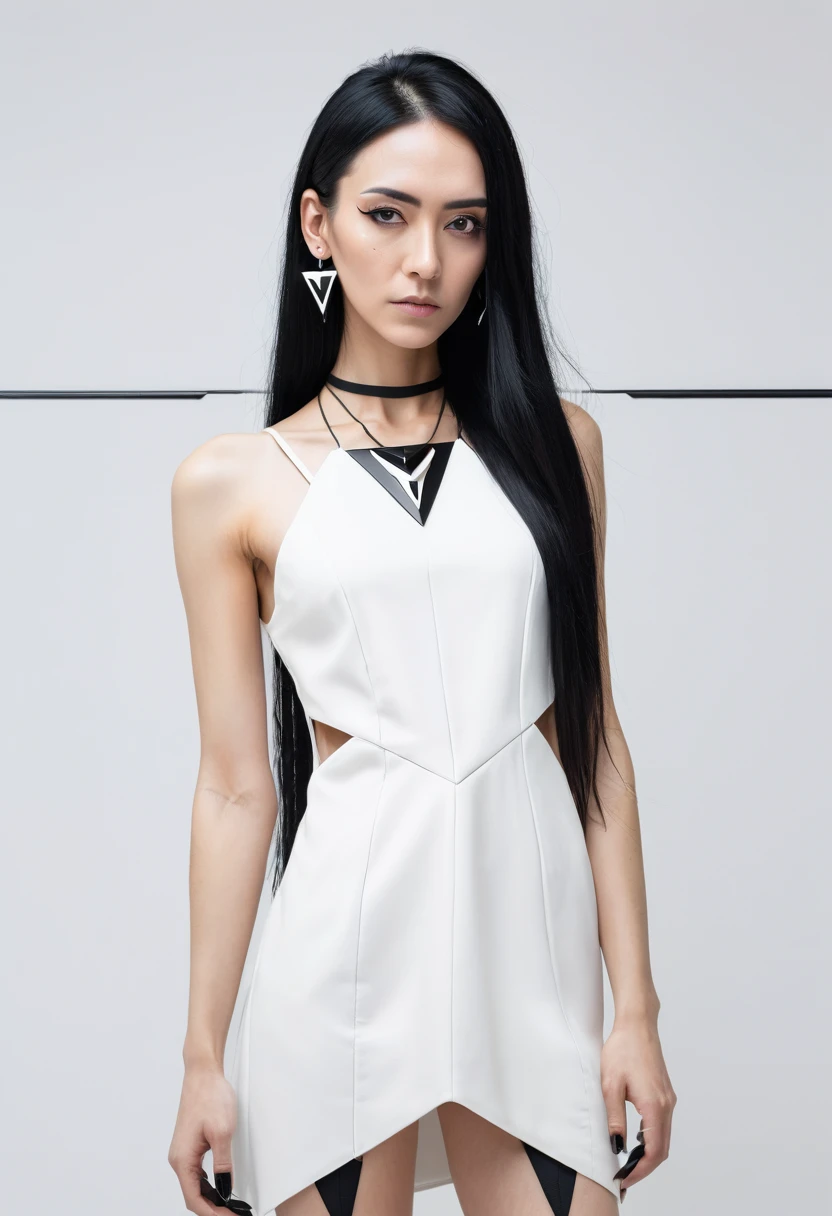 SLIM 35 years old woman, , small ass, black long hair, wearing MINIMAL WHITE cyberpunk MINIDRESS with triangular forms, in a white background, black nails, triangular necklace, triangular earrings, 