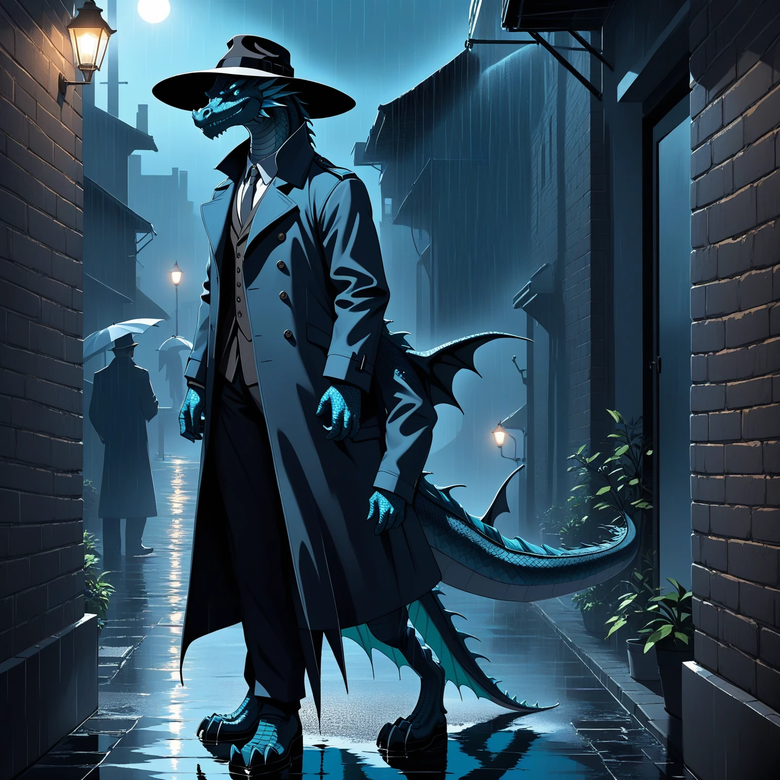 Cyan anthro dragon, detective, in a trenchcoat and in a hat, Standing in a shadows of an alley in rain, Dragon tail,. Detective trenchcoat, Smoldering sigar, Trilby hat, Realistic eyes, Realistic background, Noir style, Comic style, Shadows, Brick wall, Puddles, Light Rain, silhouette reflected in a puddle, cinematic lighting, masterpiece,official art,human nature,male,(dragon:1.2),Blue-cyan,young,no beard, depth of field, perfect lighting, light particles,(La best quality), (super detailed),sharp focus, best quality, in school, Detailed background, Negative alerts: prone to negative emotions, boring_e621_fisherman_V4, Bad Hand 5, Malformed EV6, machismo, muscular body, Strong body, macro cover page, highres, top quality, best quality, paid reward available, unparalleled masterpiece, perfect artwork, absurdres, High-quality illustrations, super high resolution, detailed background,