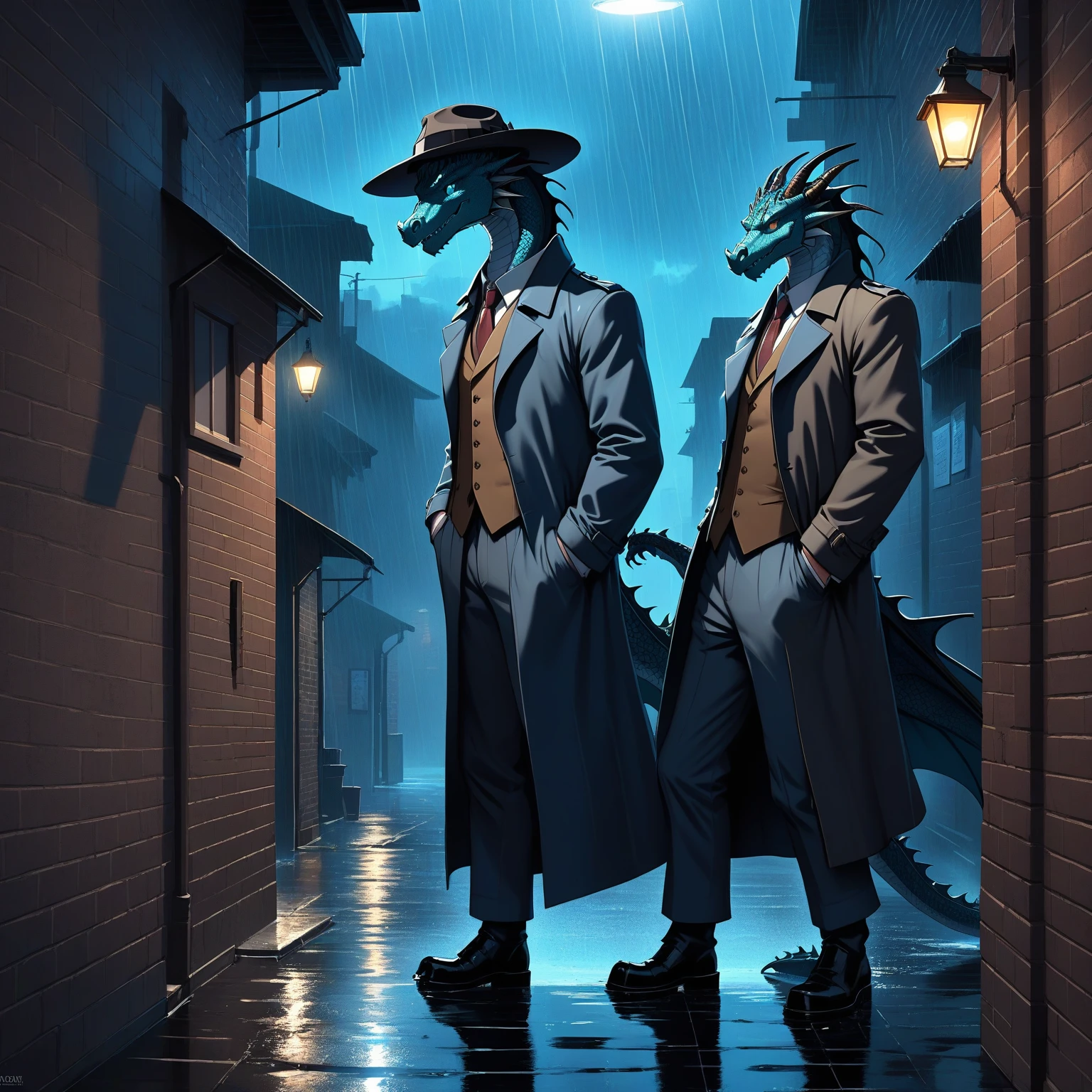 Cyan anthro dragon, detective, in a trenchcoat and in a hat, Standing in a shadows of an alley in rain, Dragon tail,. Detective trenchcoat, Smoldering sigar, Trilby hat, Realistic eyes, Realistic background, Noir style, Comic style, Shadows, Brick wall, Puddles, Light Rain, silhouette reflected in a puddle, cinematic lighting, masterpiece,official art,human nature,male,(dragon:1.2),Blue-cyan,young,no beard, depth of field, perfect lighting, light particles,(La best quality), (super detailed),sharp focus, best quality, in school, Detailed background, Negative alerts: prone to negative emotions, boring_e621_fisherman_V4, Bad Hand 5, Malformed EV6, machismo, muscular body, Strong body, macro cover page, highres, top quality, best quality, paid reward available, unparalleled masterpiece, perfect artwork, absurdres, High-quality illustrations, super high resolution, detailed background,