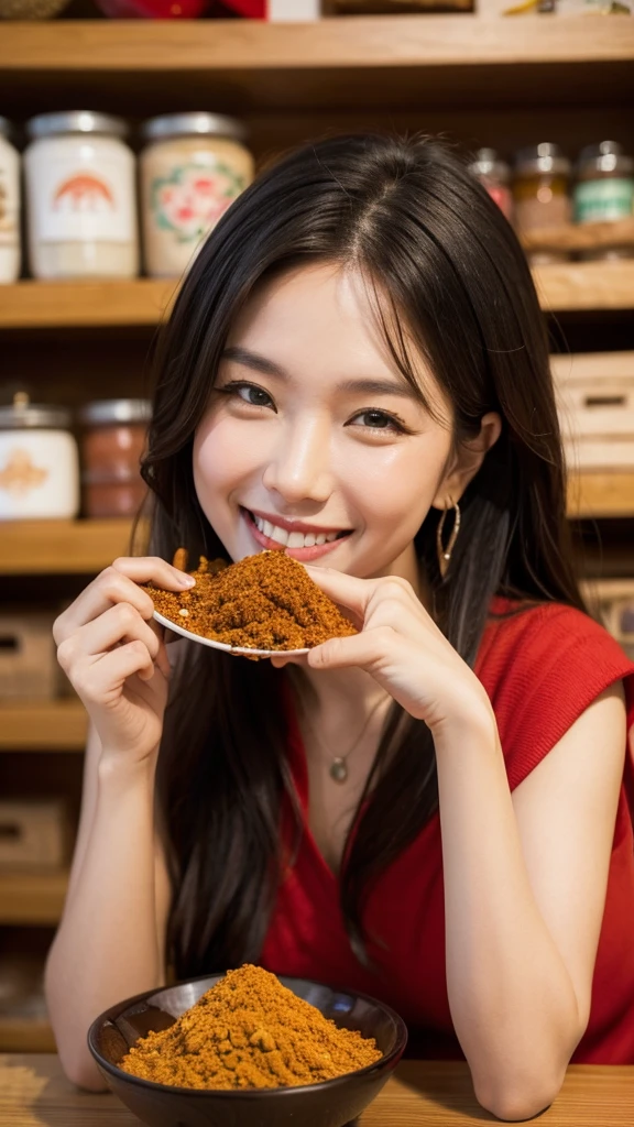 Chili pepper、spices、woman、smile、eating、Spices is in the middle of the image