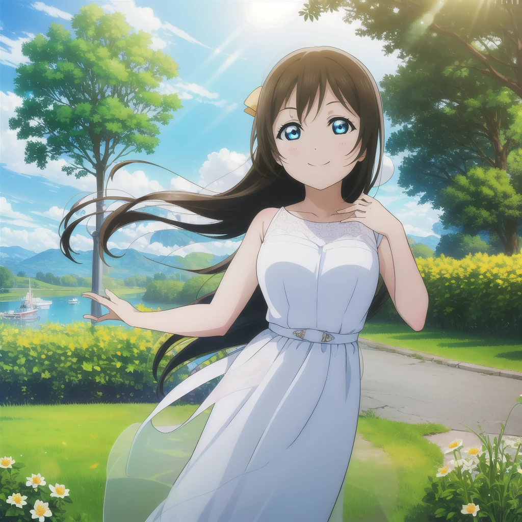 (masterpiece, best quality:1.2), 1girl, solo, scenery, illustration, looking at viewer, outdoors, depth of filed, light on face, portrait, 
sunlight, sky, smile, standing, glow eyes, lens flare, rural, country, long hair, floating hair, flower, tree, lake, hills, cloud, white dress,