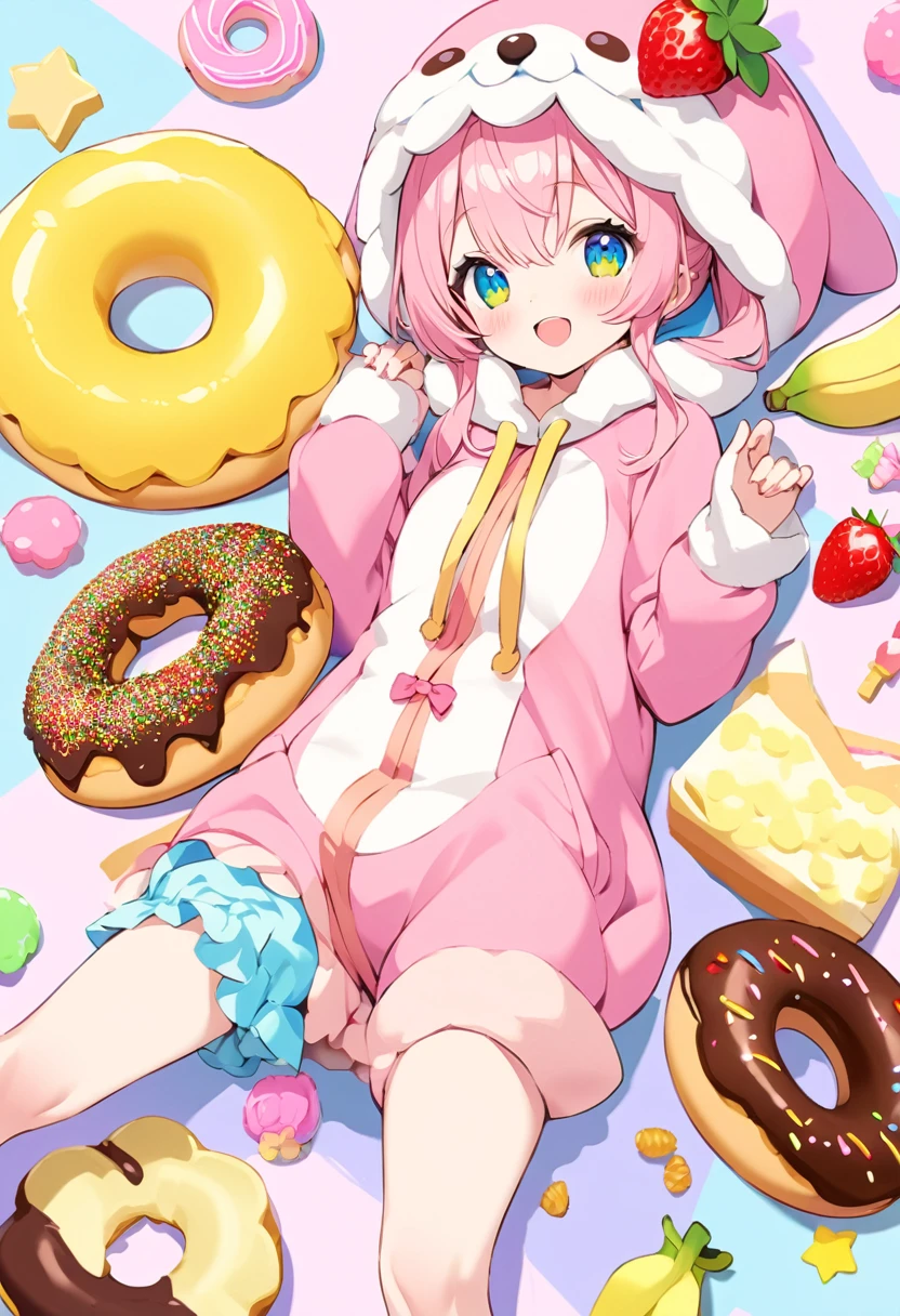 Highest quality、High resolution、Detailed Background、Beautiful face in every detail、Detailed eyes、、Highly detailed face、cuteカラーの髪色、ponytail、Twin tails、Fairy、A big smile、cute仕草をする、(cute2人のFairyがこちらを見ている:1.5)、Fruit and food costumes、Fruit and Candy Costumes、colorful、Strawberries or bananas、Donut Costume、cute