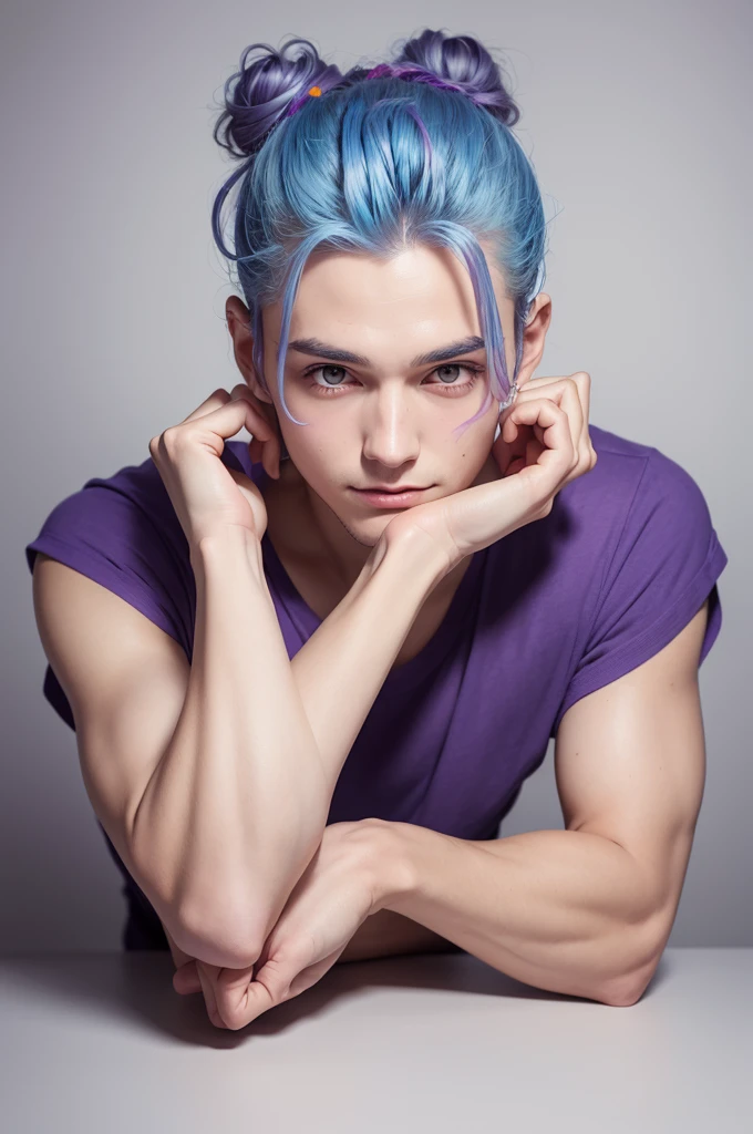 a drawing of a man with his hands on his head, hands behind his body pose!, Distorted Pose, hands in his hair, purple hair tied up, visible bun, light blue hair, left hand supporting his head, hands behind Pose! , Upper Body Portrait, Described!!!, Half Body Portrait, Posing (Arms Up + Happy), Contour Sketch, Hand on Head Greeting, Half Body Portrait, Top to Bottom Drawing