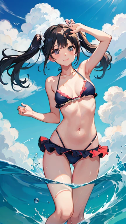Bikini with less fabric area、Midsummer Sea、cumulonimbus、Dazzling Sun、Wave Splash、((Roll up your swimsuit with one hand、Exposing her breasts))、Provocative smile、Twin tails、Small breasts、Young Girl、Masterpiece、Highest quality、Highest quality、Dynamic pose、