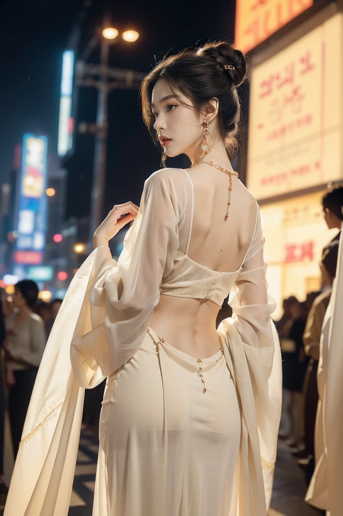 (((best quality))),(((ultra detailed))),(((masterpiece))),illustration,((1 beautiful girl,solo,korean princess)),((see through gorgeous beige sheer hanbok)),((slim,thin)),((bare back,gigantic hips,briefs, butt crack)),bun hair,((city streets,night scene)),delicate features,(traditional jewelry,earrings,necklace),modernity,tranquility,vision of beauty,((standing,upper body,from back)),((The background is a tall building filled with neon billboards)),(surrounded by crowded crowds:1.3)