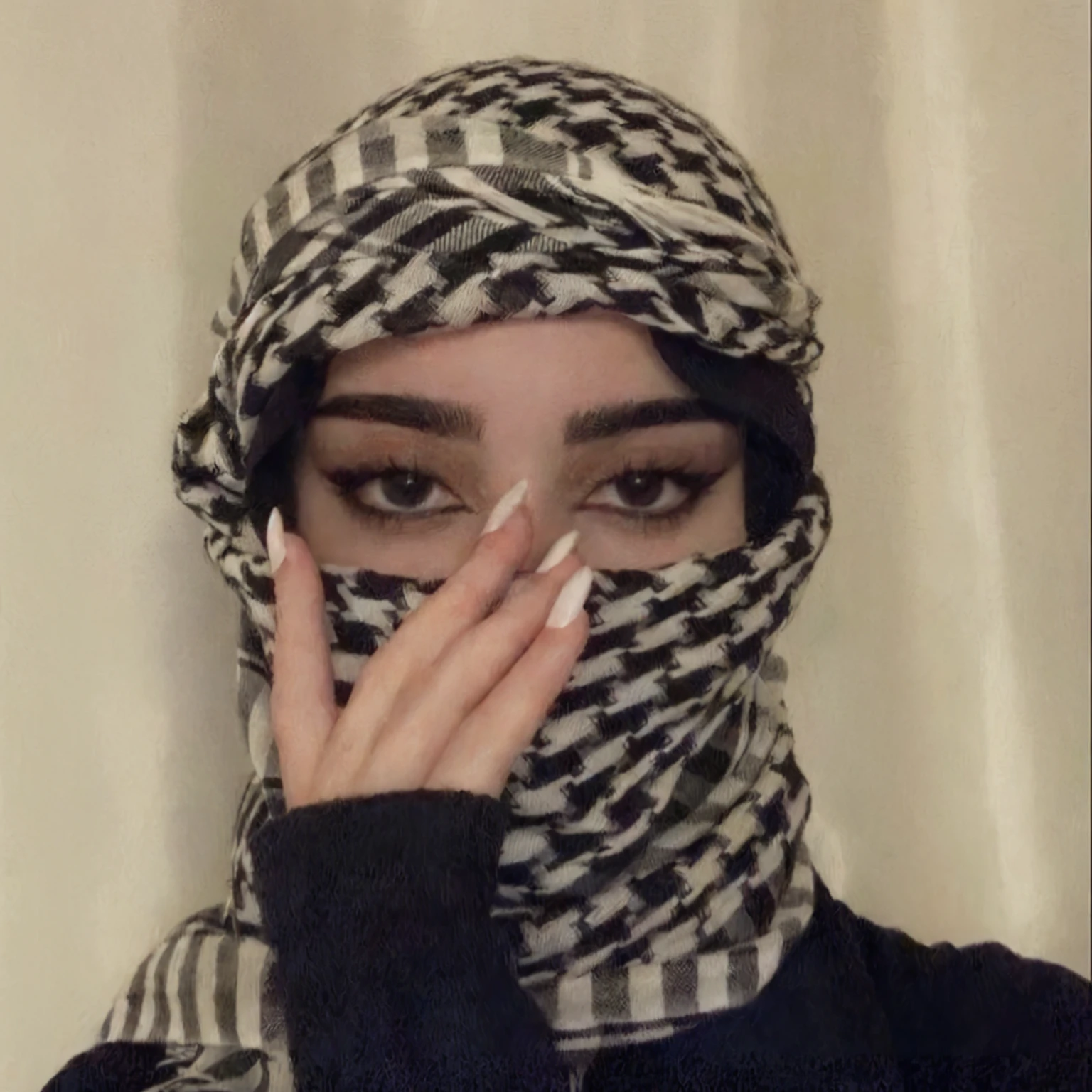 Arafed woman wearing a black and white scarf covering her face., Arabic inspired, Covered face, The face is wrapped in a black scarf., jungkook, BTS group, kpop idol portrait, realism artistic style, beautiful androgynous prince, BTS, delicate androgynous prince, inspired by jungkook jeon young pale angel