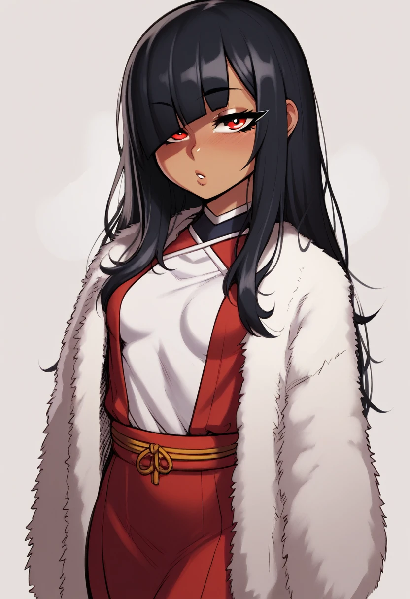 score_9, score_8_up, score_7_up, score_6_up, score_5_up, score_4_up, BREAK 1girl, black hair, tanned, loose hair, swept bangs, red eyes, long eyelashes, seductive expression, blunt bangs, short, BREAK solo, small breasts, skinny, arched back, thigh gap, shrine maiden, fur coat, innocent, lovely, adorable, long hair, hair covering one eye, dark mage, fully clothed,