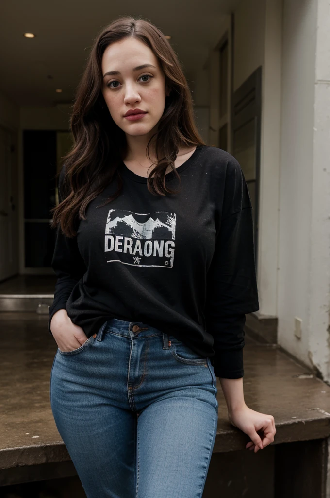 Kat Dennings, black jaquet, t-shirt, jeans