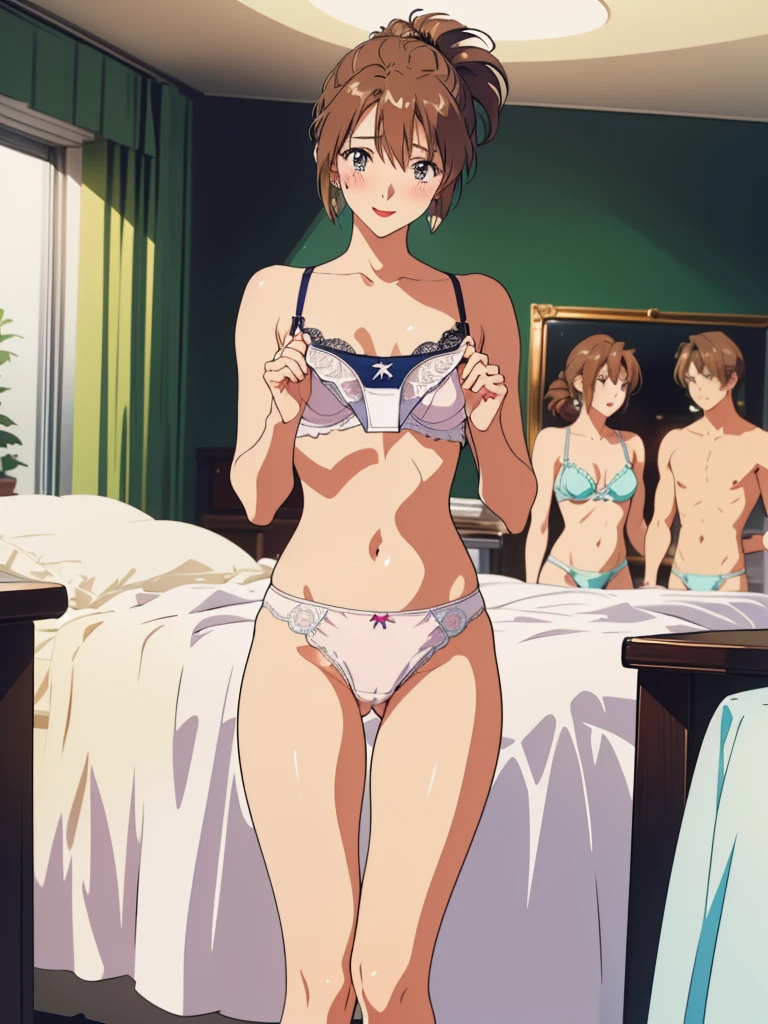 masterpiece, top quality, ultra detailed, ((((AIKA_SUMERAGI, folded ponytail, best anatomy, in underwear, (panties, elaborately designed luxury panties for adults, panties high definition images, draw panties with super precision), lace trimmed bra, extremely detailed texture, earrings, red lip, embarrassed, blush, smile)))), cowboy shot, (((underwear in bed room))), white skin, (presenting panties), (display panties),holding panties with both hands,(panties taken off:1.5)